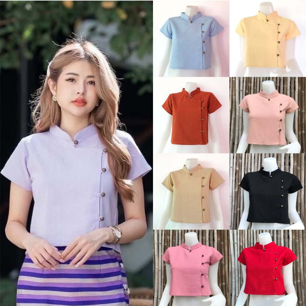 เสื้อพื้นเมืองคอจีน กระดุมป้าย แขนสั้น