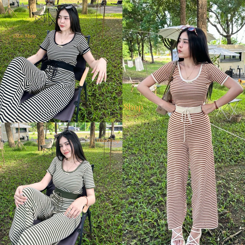 Dzaishop💕ชุดเซ็ตเสื้อจับคู่กางเกง งานลายริ้ว✨ใส่พริ้วทั้งตัว แต่งเข็มกลัดสีทองติดแกรมสุดๆ