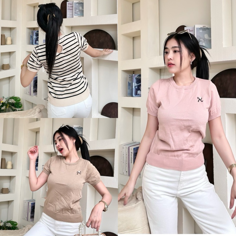 Dzaishop💕เสื้อไหมพรมคอกลมแขนสั้น แต่งปักช่วงอก💫เว้าเปิดหลังเพิ่มลูกเล่นนิดๆ สไตล์เรียบๆแต่น่ารัก