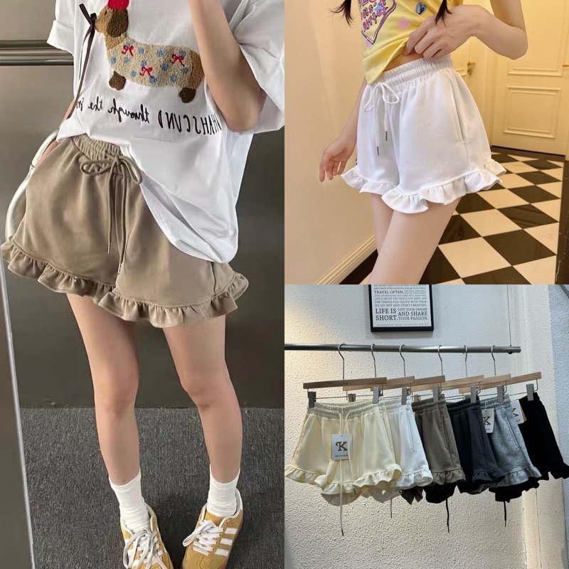 Gang_jeans#639(K)กางเกงขาสั้น แต่งชายระบาย มีเชือกผูกหน้าปรับเอวได้