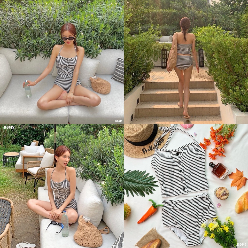 B-0445👉 ชุดว่ายน้ำ ทูพีช เอวสูงกลางๆ black&white น้องน่ารักเกินต้านไปมากกกกกกเลยค่ะ