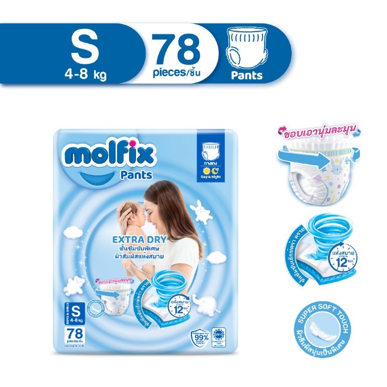 แพมเพิสโมฟิกซ์ Molfix Extra Dry กางเกงผ้าอ้อมเด็ก แพมเพิสสำเร็จรูป เอ็กซ์ตร้าดราย ไซส์จั้มโบ๊ แพ็ค 1 ห่อ