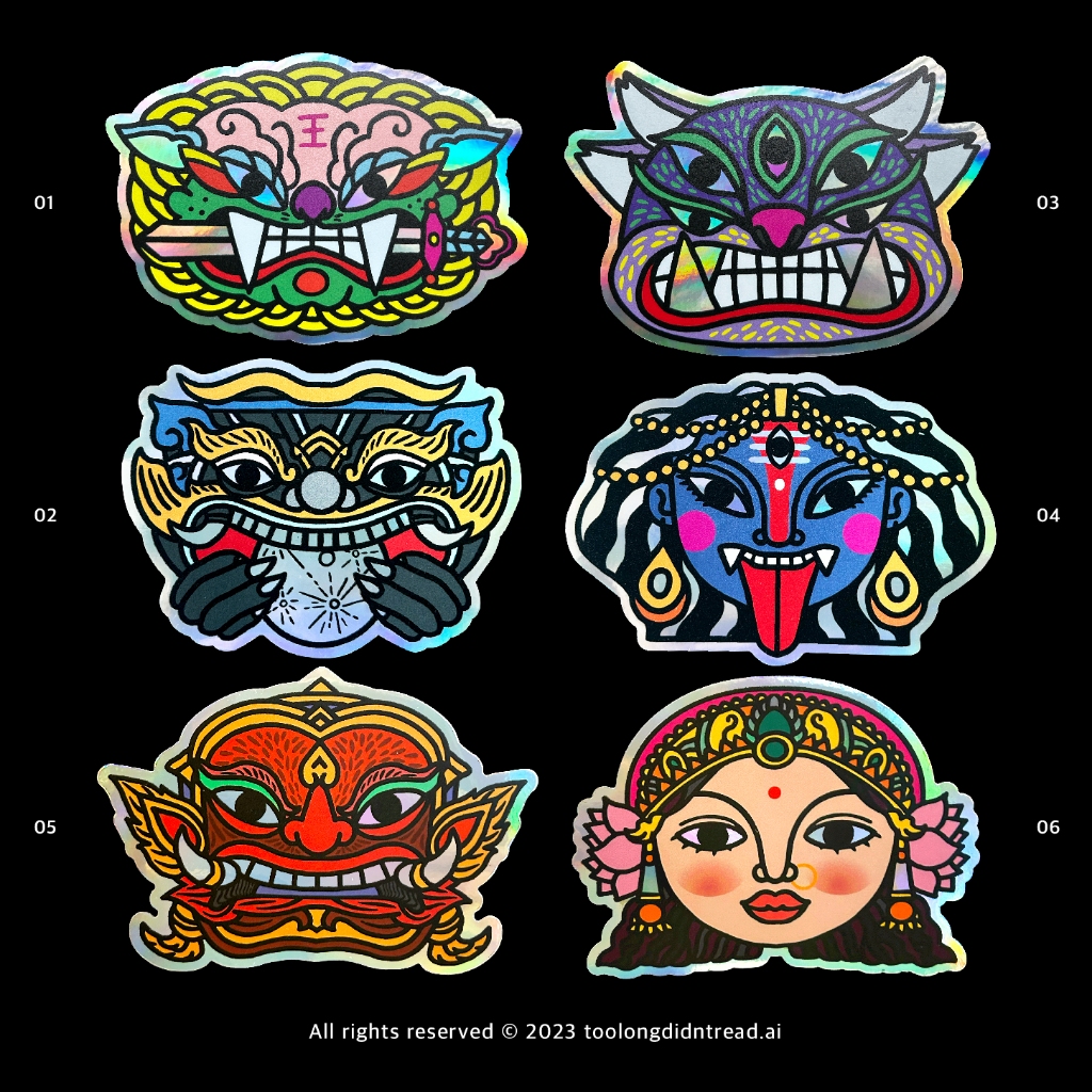 ยกเซตสติกเกอร์มงคล 6 ชิ้น Mythical Creatures Set สิงโตคาบดาบ แมงสี่หูห้าตา พระราหู พระแม่กาลี ท้าวเวสสุวรรณ พระแม่ลักษมี
