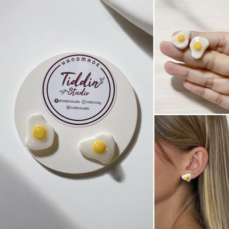 ต่างหูแฮนด์เมด ไข่ดาว  Fried Egg Earrings Size 1.5 Cm. Nickel free Hypoallergenic ไม่แพ้ไม่คัน  แพ้ง่ายใส่ได้