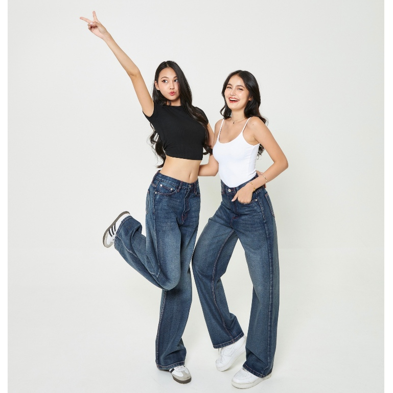ยีนส์ Nammon Jeans NM21 กางเกงยีนส์กระบอกใหญ่เรียบเดินด้ายเเดง รุ่น Buddy cherry brown - ผ้าไม่ยืด