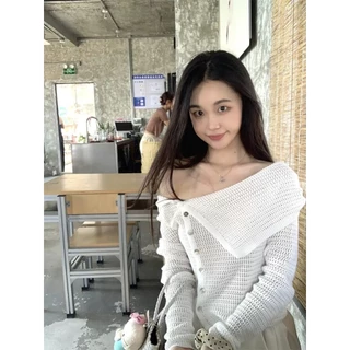 Cicishop (T2530) เสื้อไหมพรมผ้าถัก ปาดไหล่ขอบพับ กระดุมใช้งานได้จริง