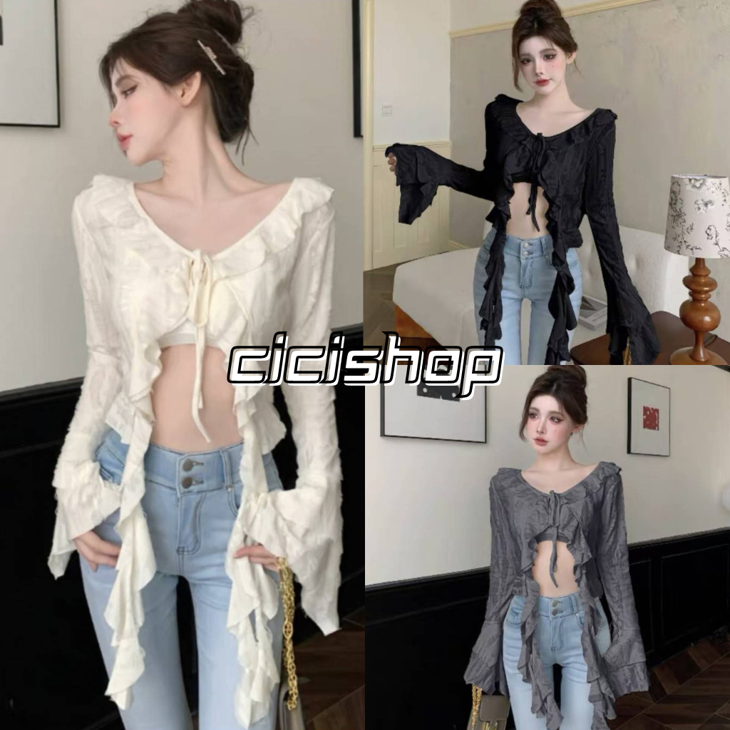 Cicishop (1322)ราคาพิเศษ เสื้อคลุมแขนยาว แต่งระบาย เหมาะสำหรับสาวไซส์มินิ