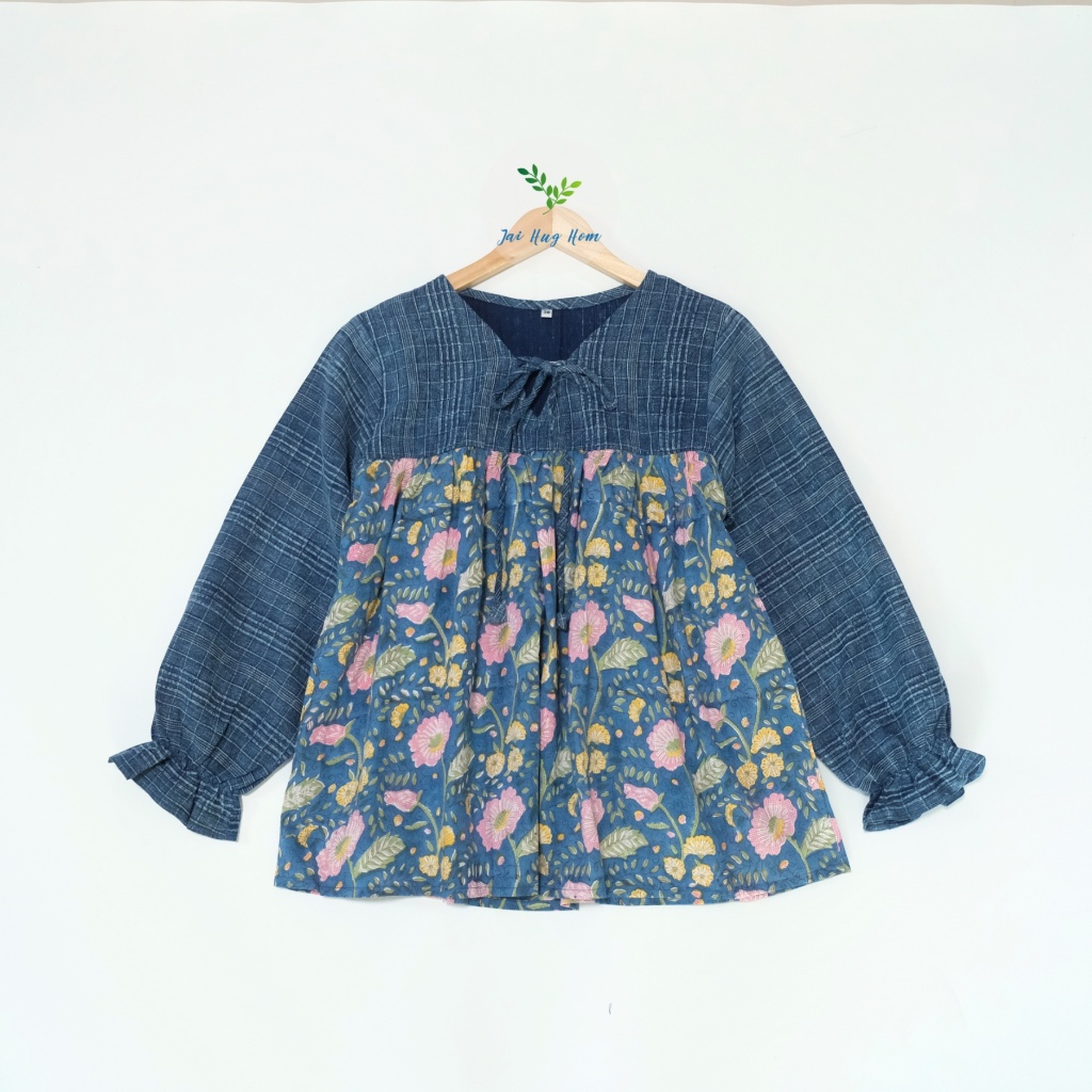 เสื้อคอวี ผูกโบว์ ผ้าฝ้ายสโตน x ผ้าฝ้ายอินเดีย