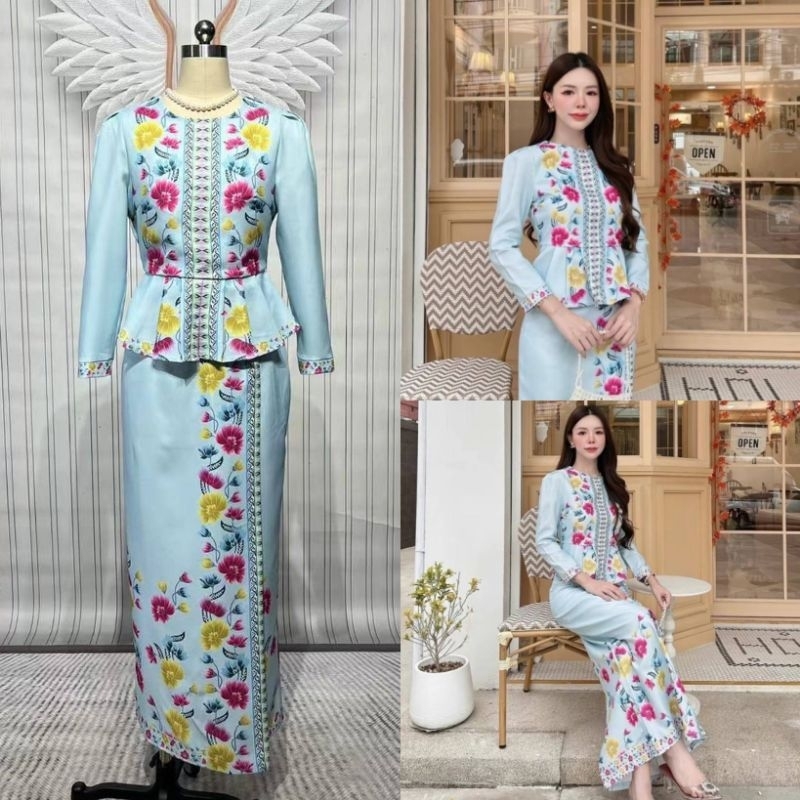 (ว่าง2xl)ชุดไทยทำบุญประยุกต์สีฟ้าลายดอกเสื้อมาพร้อมผ้าถุงงานตัดสำเร็จอัดกาว clt