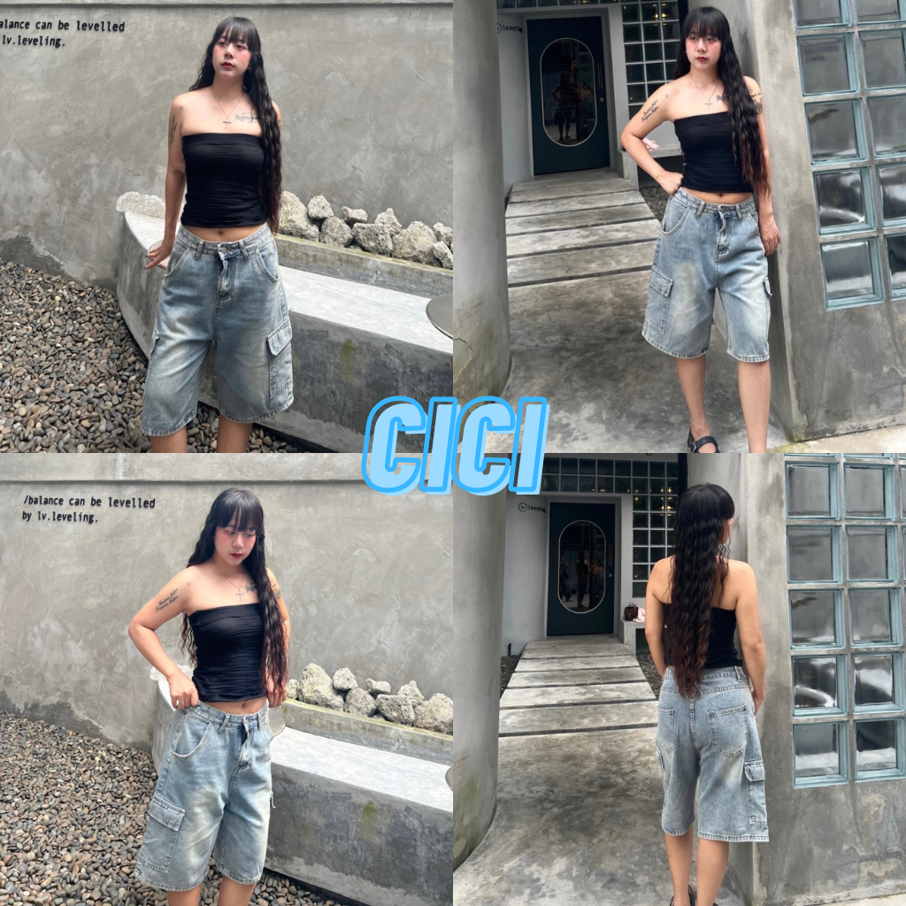 ส่งทันที Cici (NO. 738) กางเกงยีนส์ขา 4 ส่วน ทรงคาร์โก้ สไตล์สาววินเทจ