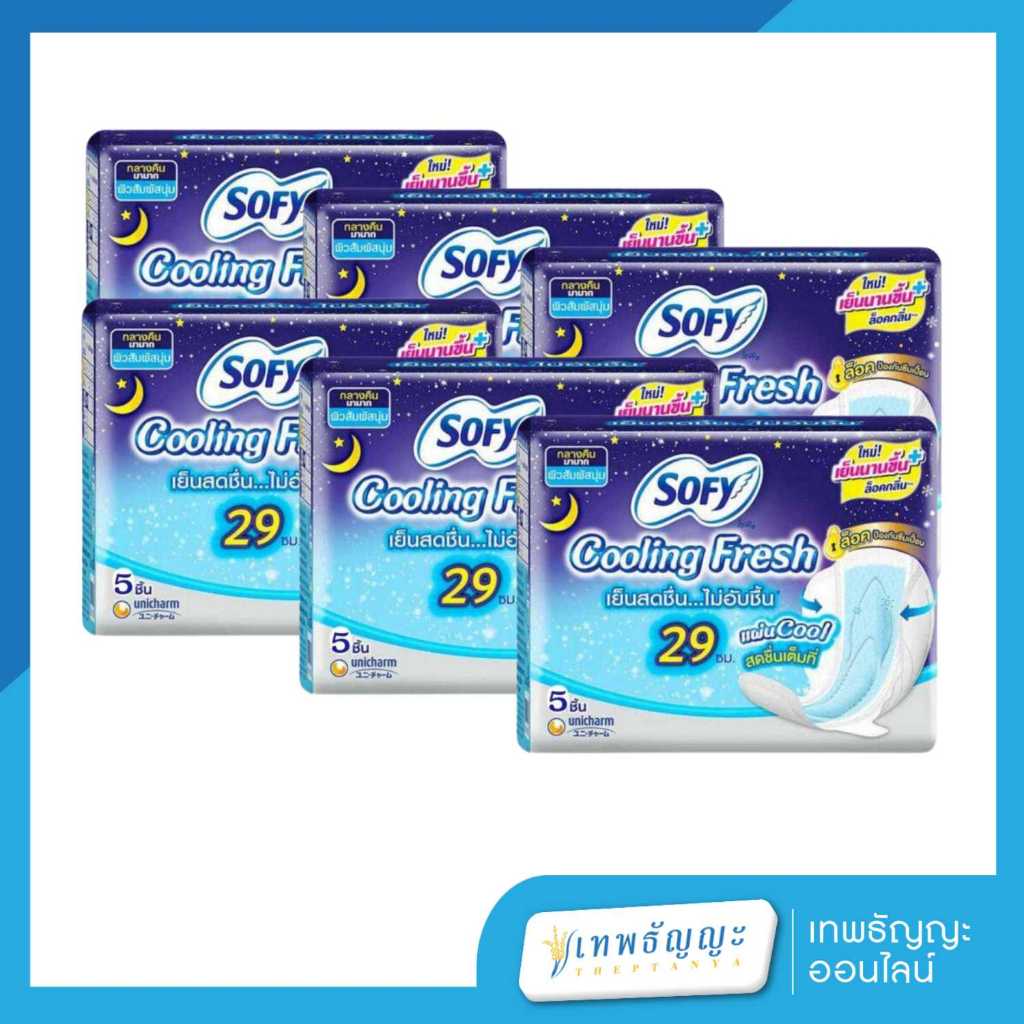 โซฟี คูลลิ่งเฟรช ผ้าอนามัยแบบมีปีก สลิม สำหรับกลางคืน 29 ซม. 5 ชิ้น แพ็คX6