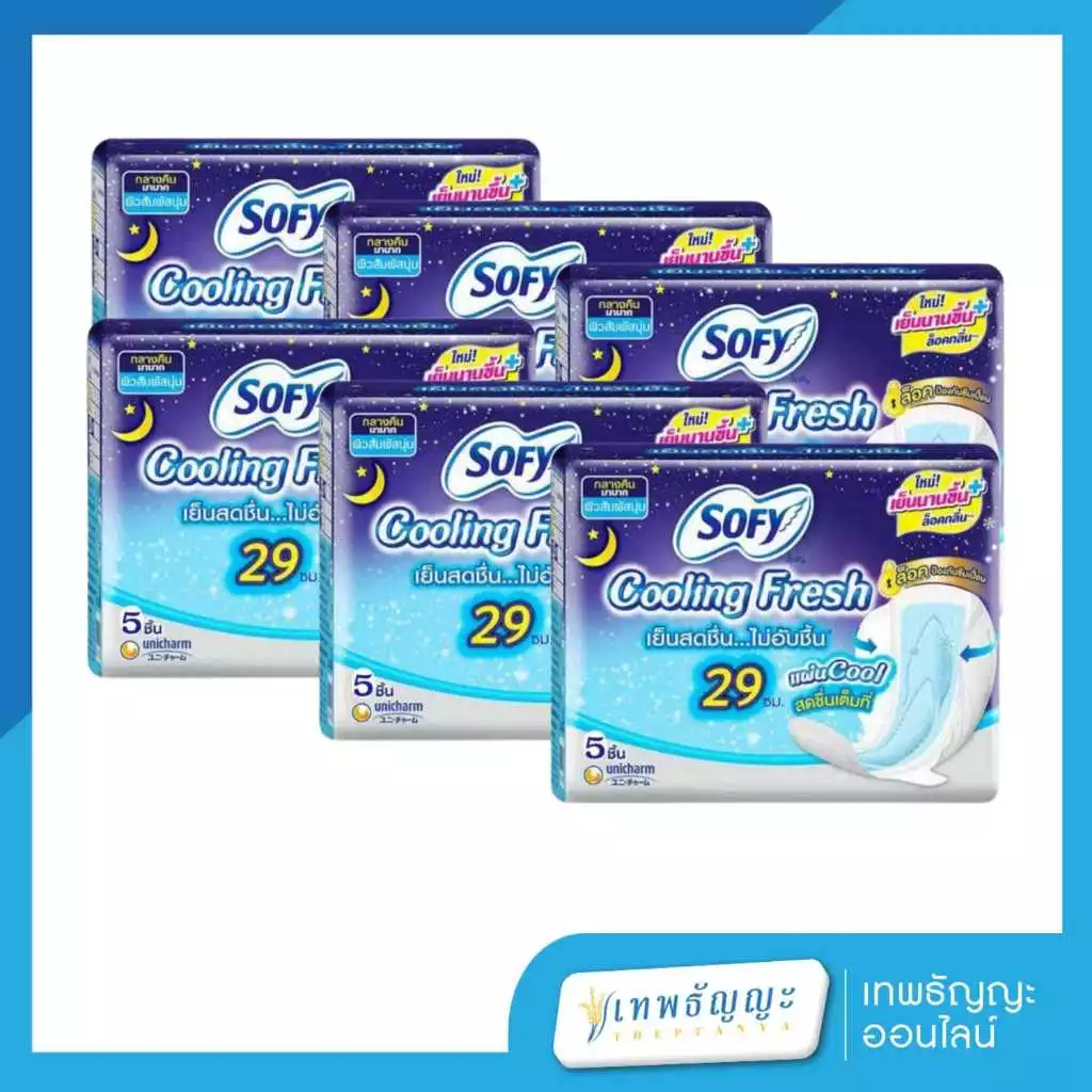 โซฟี คูลลิ่งเฟรช ผ้าอนามัยแบบมีปีก สลิม สำหรับกลางคืน 29 ซม. 5 ชิ้น แพ็คX6