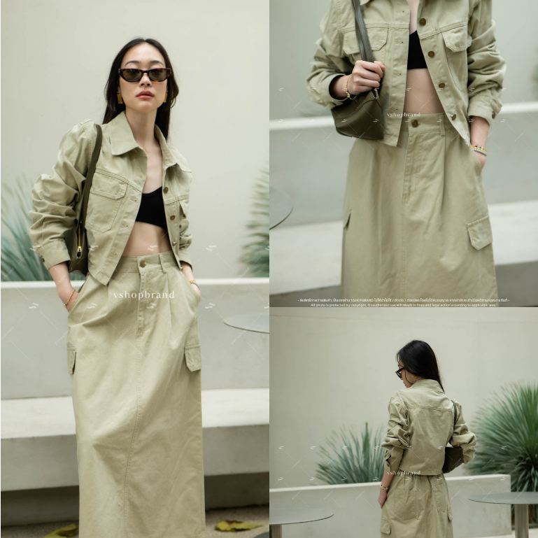 พร้อมส่ง Set เสื้อเดนิมแขนยาว+กระโปรงยาวกระเป๋าข้าง งานป้าย vshopbrand