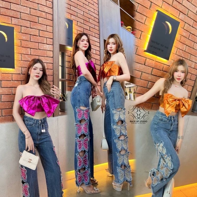 กางเกง เอวสูงสียีนส์ ดีเทล แต่งผีเสื้อ(มีหลายสีค่ะ)