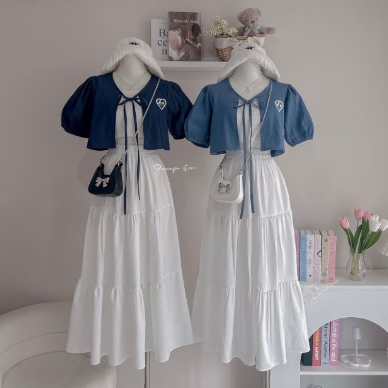 🦋🤍☁️ชุดเซต เสื้อคลุมยีนส์ปัก โบว์ - หัวใจ+ กระโปรงยาว น่ารัก