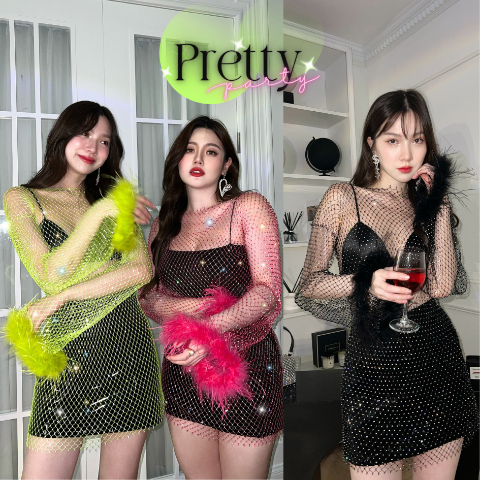 SEOULMATE PRETTY PARTY #SM6634 เดรสตาข่ายเพชรยืดหยุ่นตามตัวตกแต่งด้วยขนนกช่วงแขน