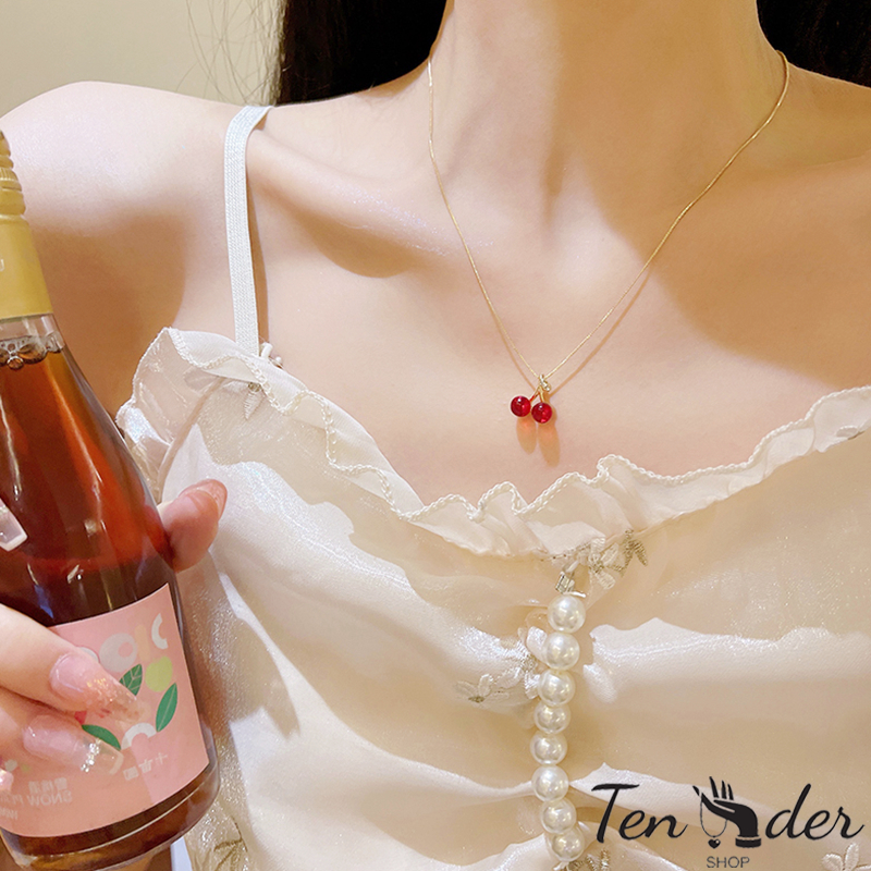 COD-ส่งเร็วจากไทย🎀สร้อยคอแฟชั่น จี้เชอร์รี่ สีแดง ย้อนยุค สไตล์เกาหลี นักเรียนสำหรับผู้หญิง ปรับขนาดได้ สแตนเลส-Tender