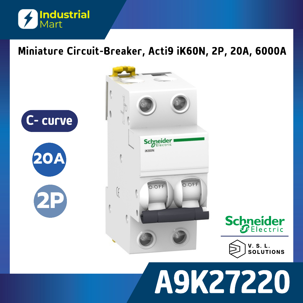 Schneider Electric A9K27220 Miniature circuit breaker, Acti9 iK60N, 2P, 20A, C curve, 6000 A, 6kA