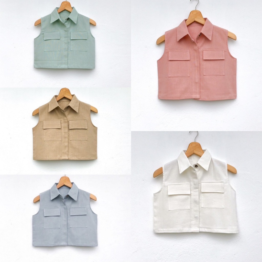 เสื้อครอปป้าฝ้าย คอปก แขนกุด