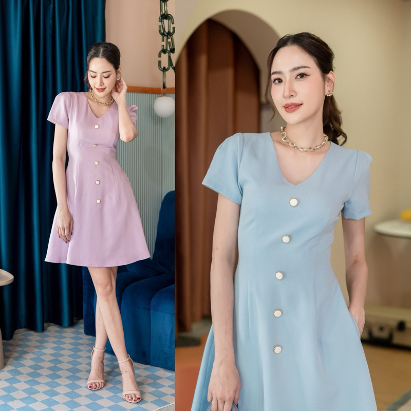 PD296 Button Dress เดรสคอวี