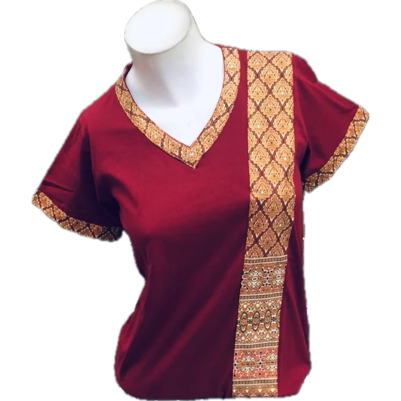 เสื้อยืดคอวีร้านนวดร้านสปาแถบลายไทย