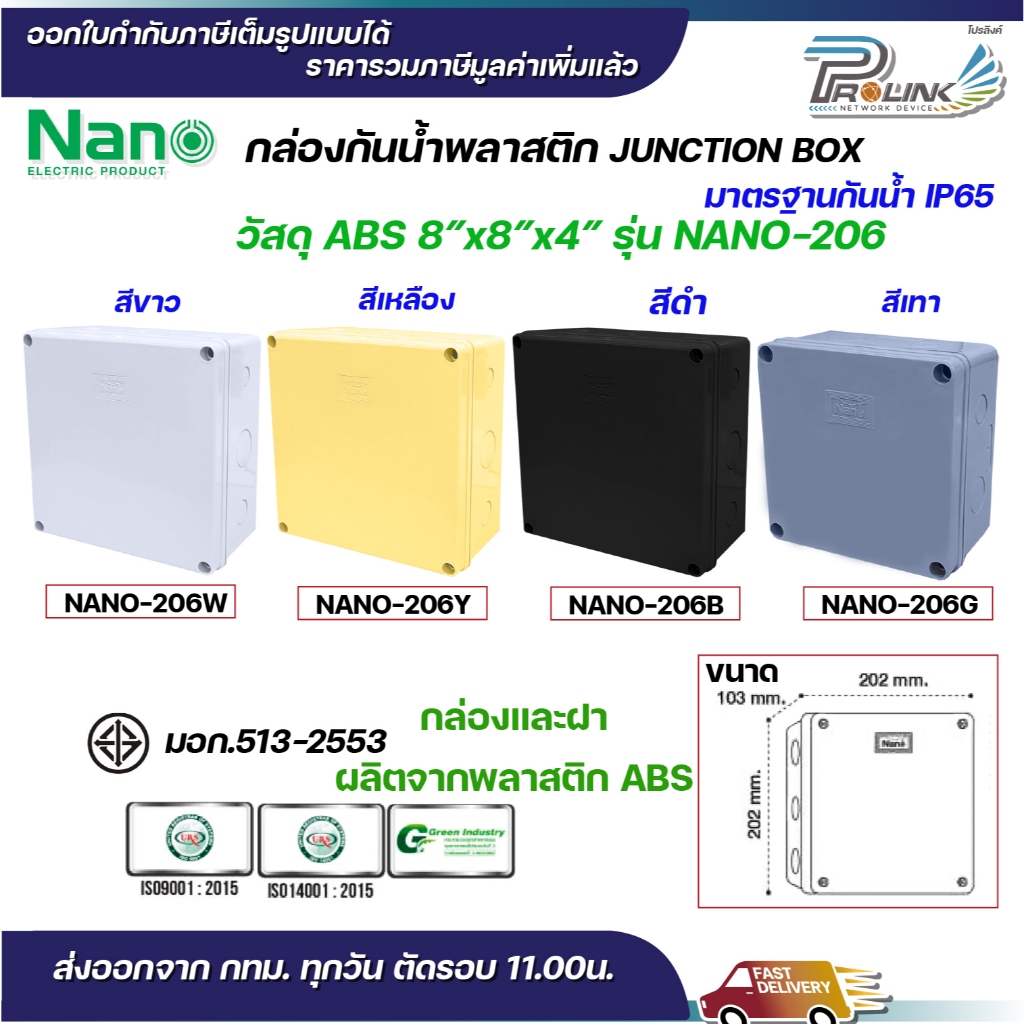 NANO กล่องพักสาย 8x8 ABS รุ่น NANO-206W บล็อคพักสาย Box กันน้ำ สีขาว สีเหลือง สีดำ สีเทา IP65 มอก.513-2548