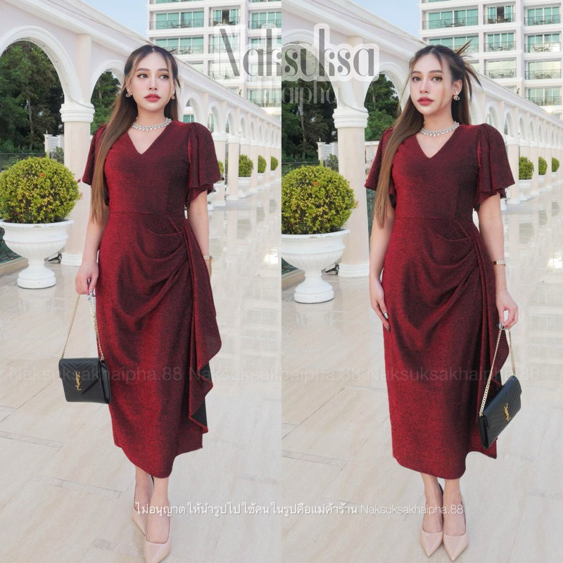 Dress ชุดราตรี (Vi5051 ผ้าเพชร) รุ่น (Bell) ชุดเพื่อนเจ้าสาว สวยหรู Women Clothingผู้หญิง เสื้อผ้า Lady