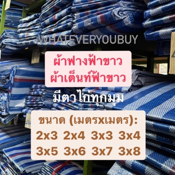 *เต็มเมตร* หน้า 2 ม./ 3 ม. ผ้าฟางลายฟ้าขาว มีตาไก่ทุกมุม เต็นท์ลาย ผ้าใบบลูชีทฟ้าขาว เกรด A