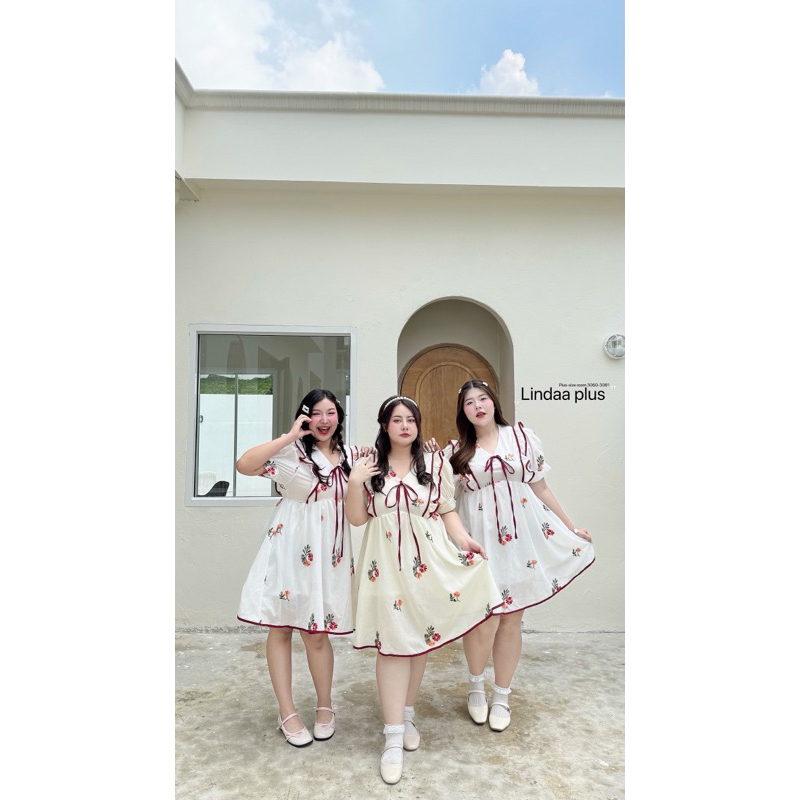 ชุดเดรสคอวี งานผ้าปักสุดน่ารักแต่งกุ้นขอบสีแดง มีซับใน งานชิปหลังใส่ง่าย plussize สาวอวบ