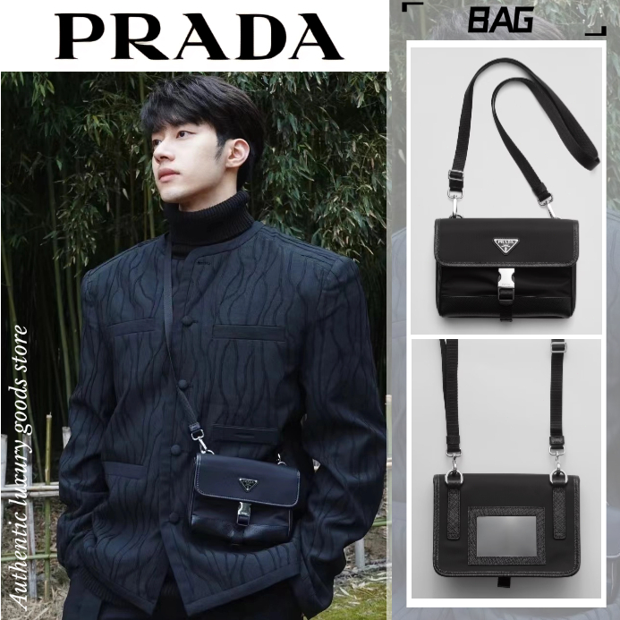 ปราด้🍒Prada Re-Nylon and Saffiano Shoulder Bag🍒กระเป๋าใส่มือถือ/สะพายข้าง/กระเป๋าบุรุษ/ตัวแทนจัดซื้อ