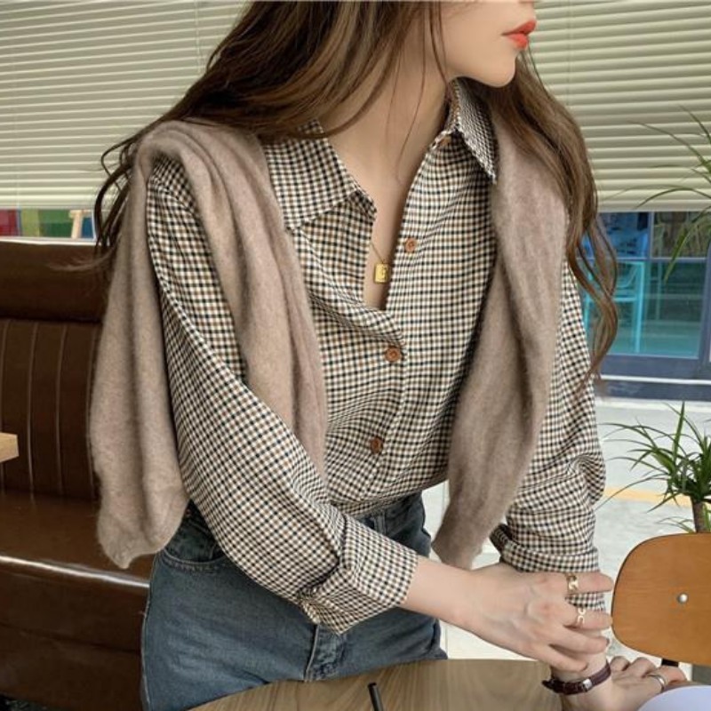 W505 เสื้อโปโลแขนยาว ลายสก๊อต เข้ากับทุกการแต่งกาย สไตล์เรโทร สําหรับผู้หญิง