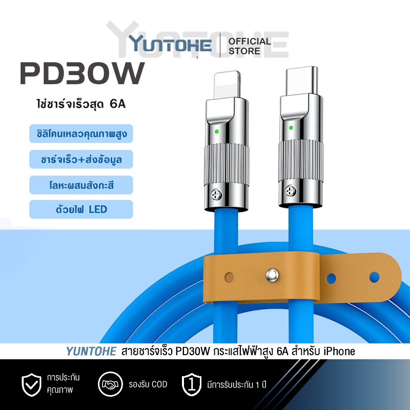 สายชาร์จเร็ว ซิลิโคนนิ่มชาร์จเร็ว PD30W กระแสไฟฟ้าสูง6A 1/2เมตร สายเคเบิลข้อมูล USB C to IOS (สำหรับ ไอ5～14pro max)