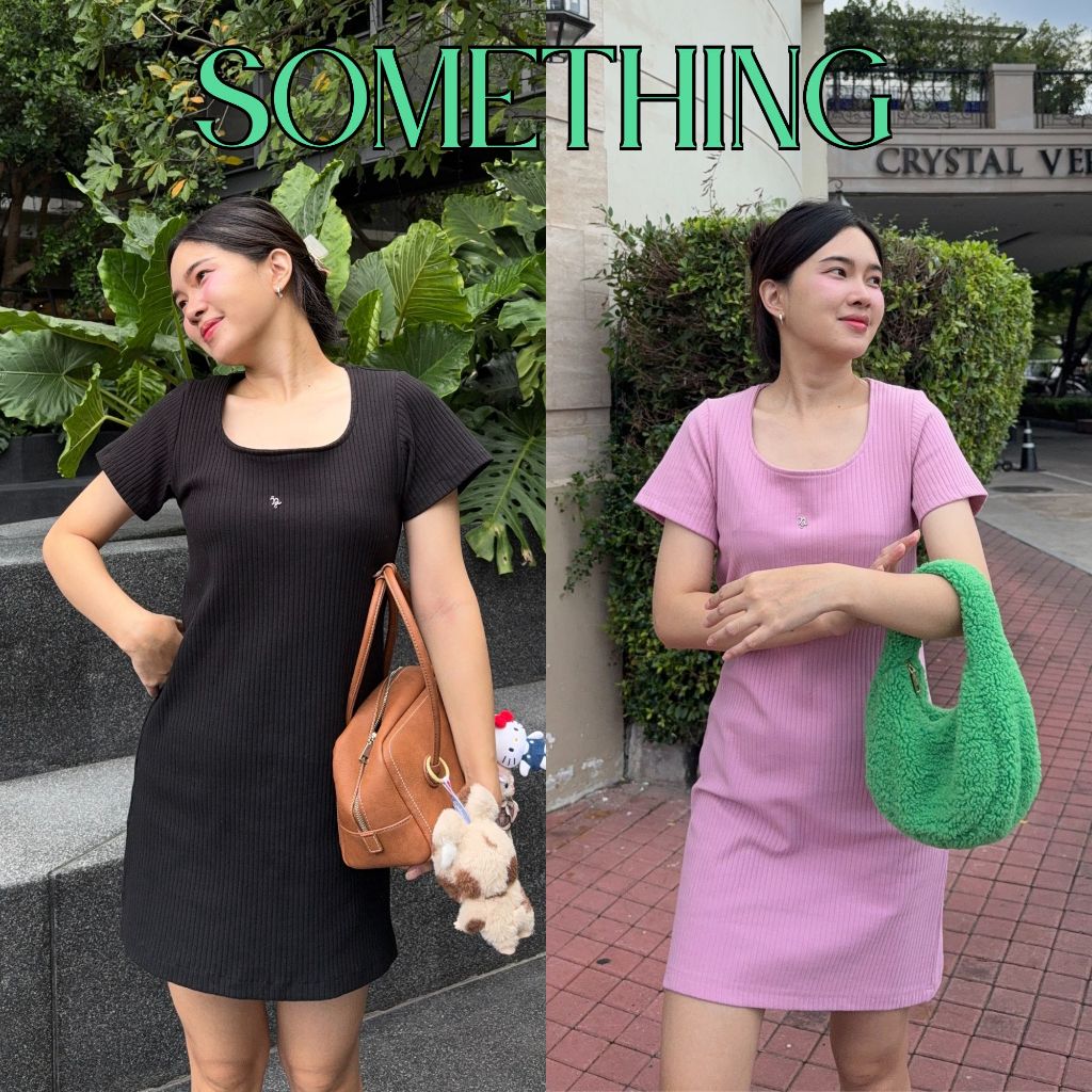 12FEBRUARY | SOMETHING DRESS เดรสผ้าร่องอย่างดี คอเหลี่ยม ติดโลโก้