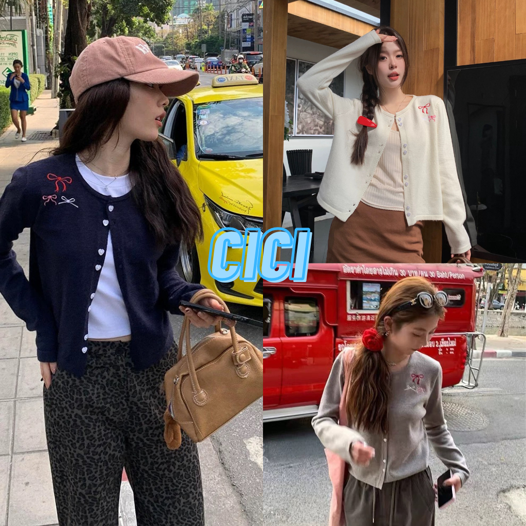 ส่งทันที Cici(NO. Z36)เสื้อไหมพรมแขนยาว ดีเทลกระดุมคู่หัวใจ ปักลายโบว์น่ารักๆ – โปรปัง