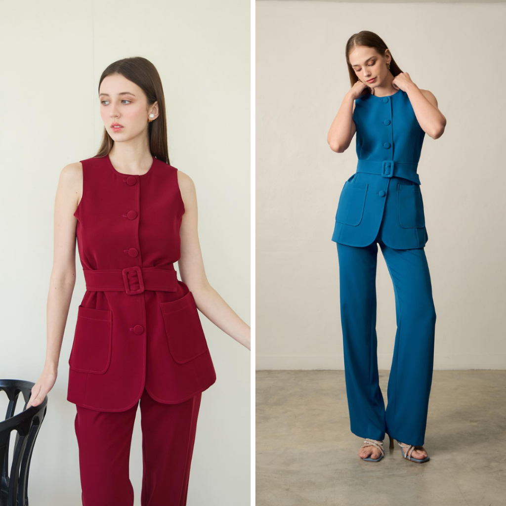 TIYA LUNA TOP (PREORDER 14 DAYS) เสื้อคอกลม แขนกุด กระดุมหน้า พร้อมเข็มขัด