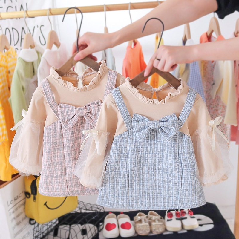 Babyonline(Y538)E5 ชุดกระโปรงแฟชั่นเด็กผู้หญิงแขนยาวลายสก็อตแต่งโบว์น่ารัก ผ้าฝ้าย นิ่ม ใส่สบาย