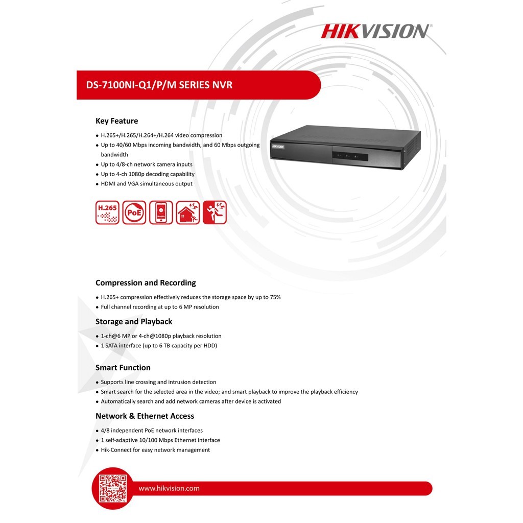 HIKVISION  DS-7104NI-Q1/4P/M(D) 4-ch Mini 1U 4 PoE NVR  Warranty 3 years