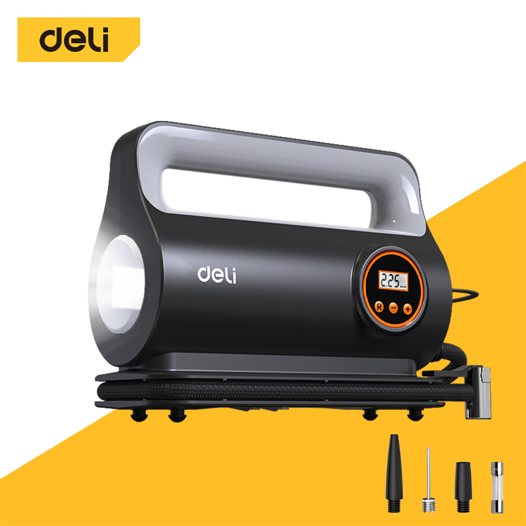 Deli ปั๊มลมไฟฟ้าติดรถ ปั้มลมอัตโนมัติ เติมลมยาง ที่สูบลมแบบพกพา ปั๊มลมไฟฟ้า Auto Air Compressor