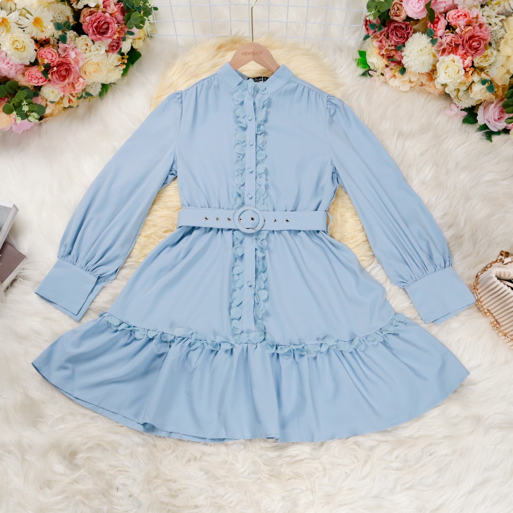 ชุดเดรส,ชุดออกงาน สีฟ้า แขนยาว คอจีน มีเข็มขัด ผ้าโพลีเอสเตอร์ ความยาวชุด=37