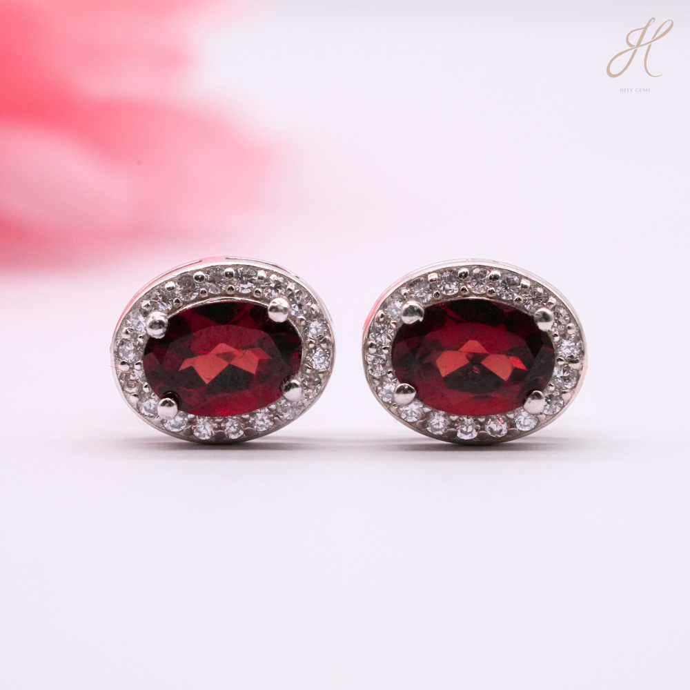 ต่างหูโกเมน Oval Cut Garnet Cubic Zirconia Earring Stud 5*6.8mm WG