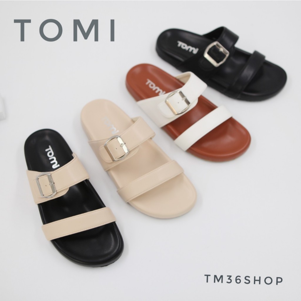 [ TOMi ] (36-44) รองเท้าแตะ รุ่นสายคาดคู่ พื้นนุ่มใส่สบาย สายพียูหนังนิ่ม แมทช์ง่าย
