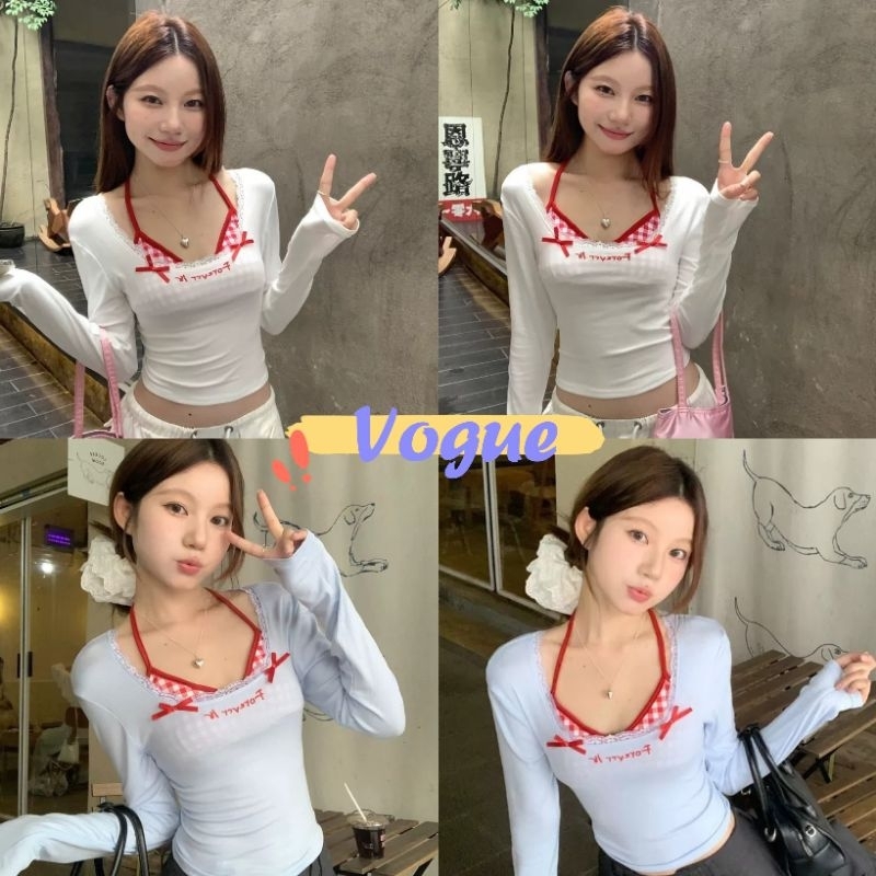 Vogue พร้อมส่ง เสื้อแขนยาว คอกลม มีฟองน้ำดีเทลแต่สองขั้น สีสดใส (FY5073)