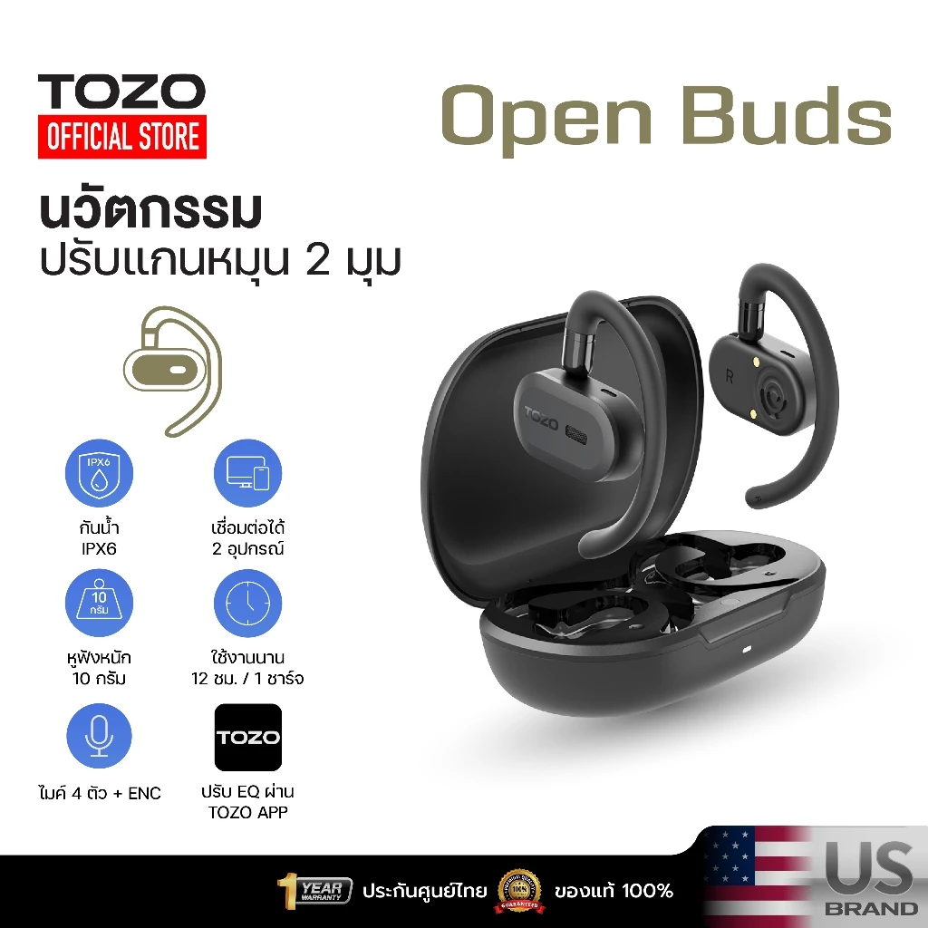 [ประกันศูนย์ไทย] TOZO Open Buds หูฟังบลูทูธ หูฟังไร้สาย หูฟังออกกำลังกาย truewireless Bluetooth 5.3