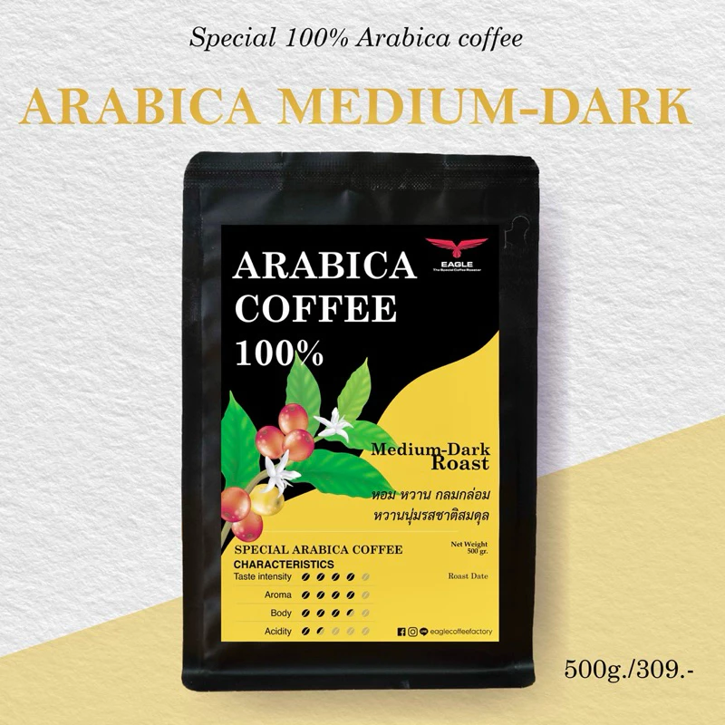 มล็ดกาแฟคั่วเข้ม อาราบิก้า100% Arabica coffee bean (Medium-Dark roast 500 g.)