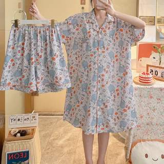 ชุดนอนคอปก กระดุมหน้า ผ้าไหมกระโปรง+กางเกง บิ๊กไซส์อก52
