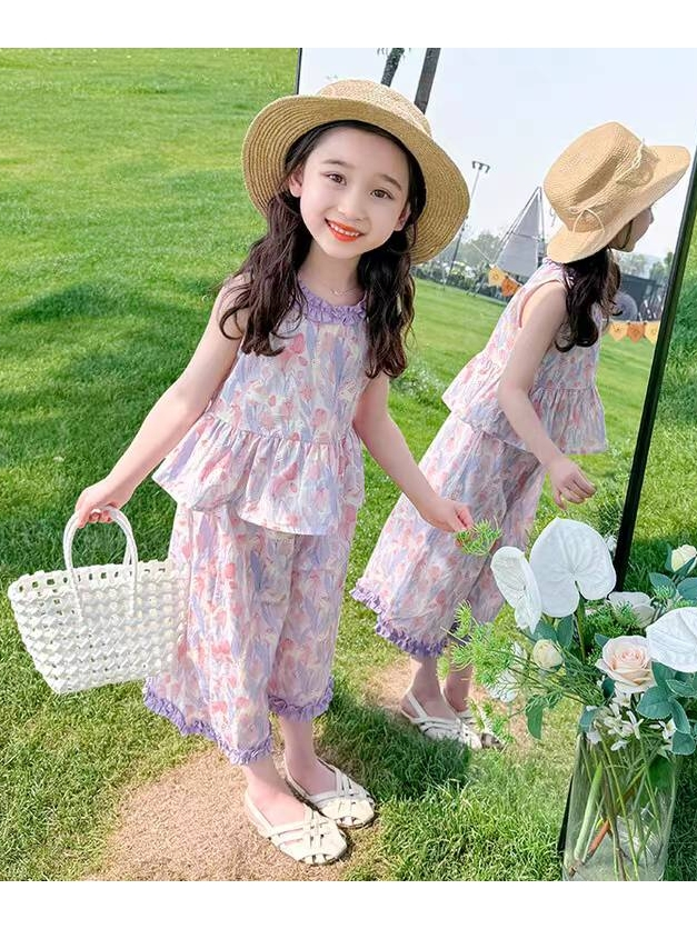 [Y D]353 พร้อมส่ง ชุดเซ็ต2ชิ้นลายดอกไม้ เสื้อแขนกุด+กางเกงขากว้าง สำหรับเด็กผู้หญิง