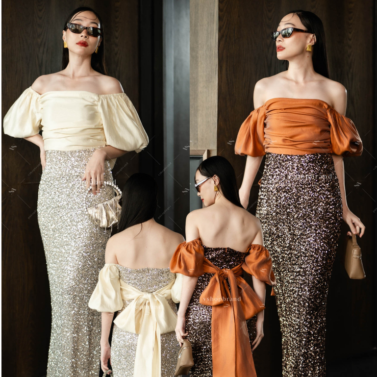 ชุดออกงาน Maxi เดรสแขนตุ๊กตาต่อกระโปรงกลิตเตอร์ผูกโบว์ใหญ่ งานป้าย vshopbrand