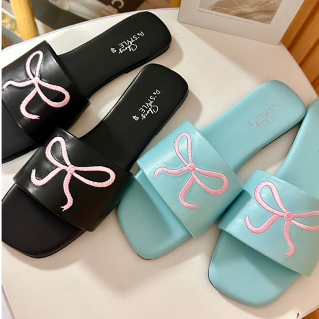 (06) รองเท้าแตะ พื้นนุ่ม ปักโบว์ น่ารักมาก พร้อมส่ง