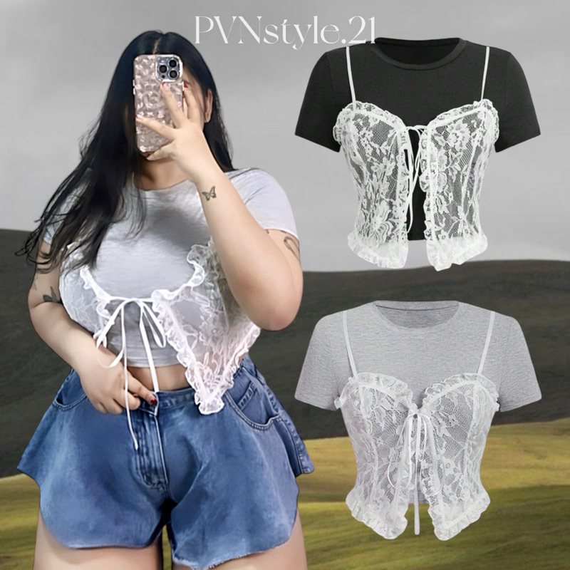 เสื้อยืดครอปแขนสั้นคอกลม 2in1 อก 34-44