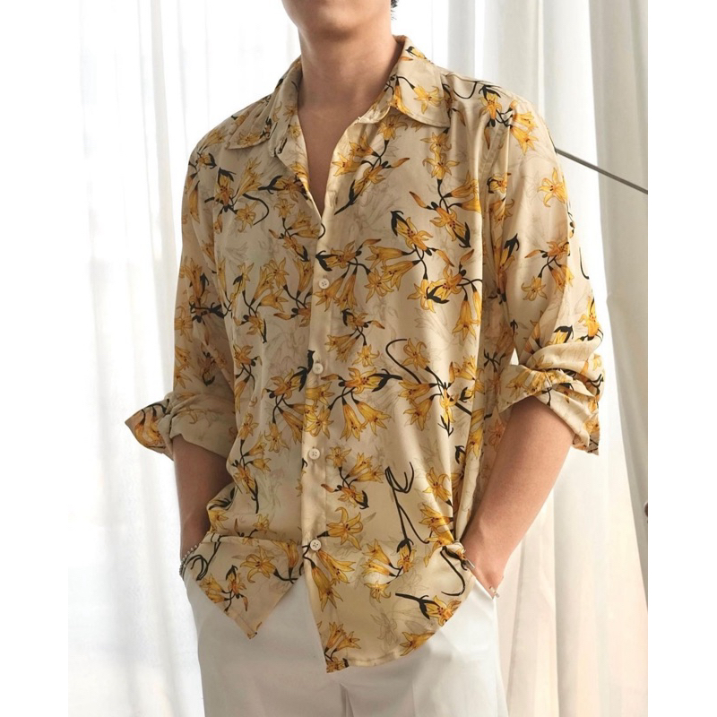 (SEWLA MEM) เสื้อเชิ๊ตชีฟองแขนยาวลายดอกไม้สีเหลือง